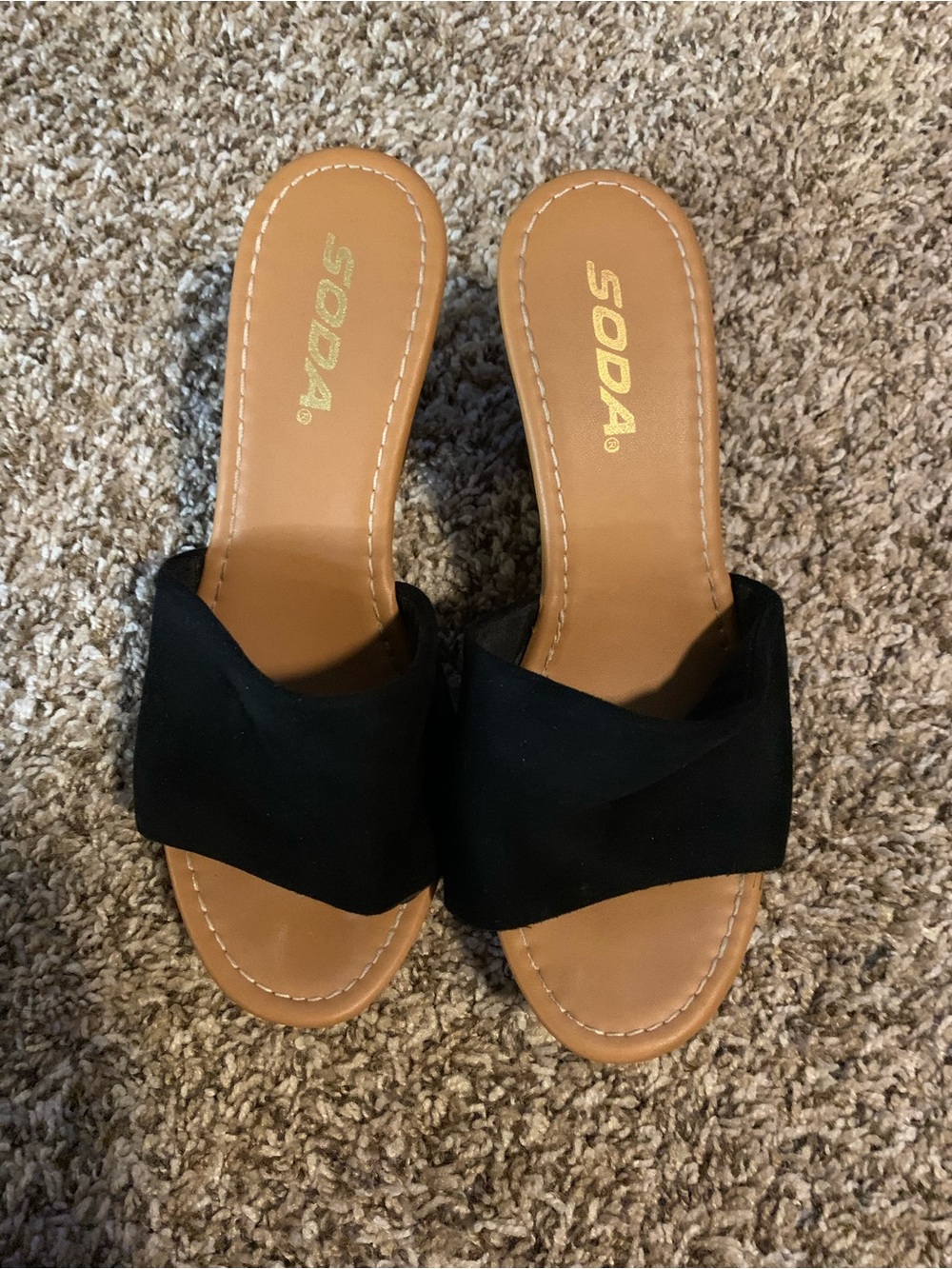 Soda Black Crisscross Slip-On Mules with Tan Footbed